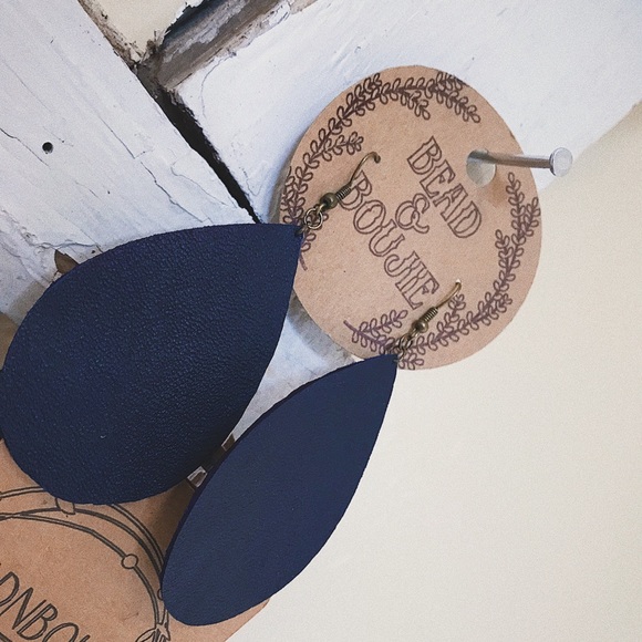 Genuine Navy Blue Leather Teardrop Lightweight Dangle Statement Earrings - Picture 5 of 6